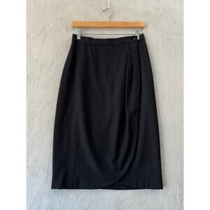 Vintage David N Sz 12 Black 100% Wool Midi Pencil Wrap A-Line Skirt High Waisted